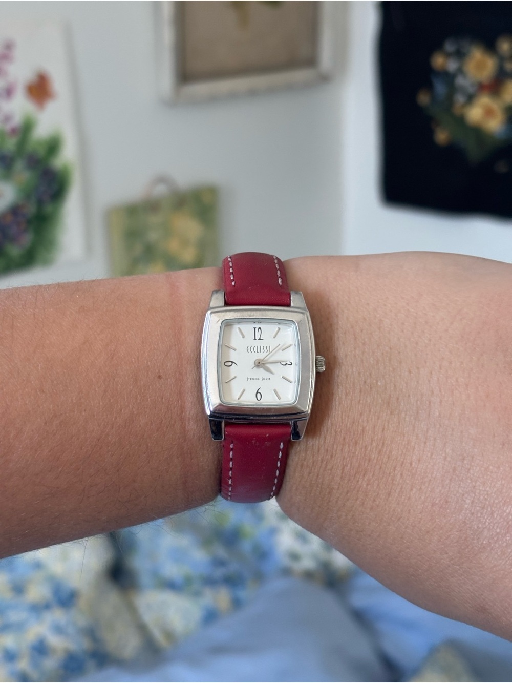 ECCLISSI sterling silver Square Silver Watch with Red Leather Strap new battery